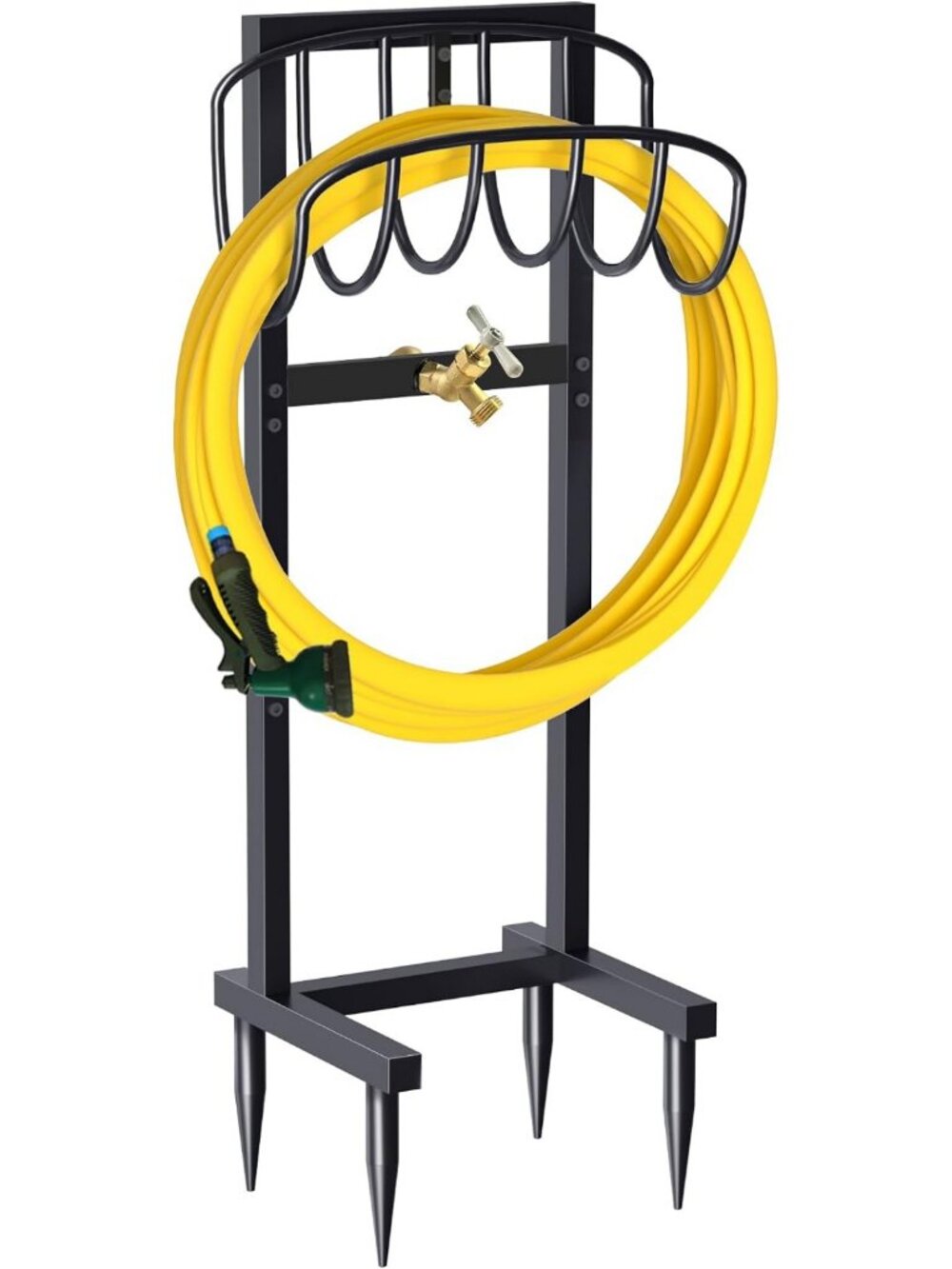 Freestanding Heavy Duty Metal Garden Hose Holder with Brass Faucet & 4 Spikes